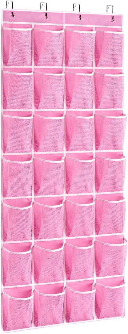 KEEPJOY 28 Pocket Over The Door Shoe Organizer, 2Pack Hanging Shoe Organizer for Door, Hanging Door Shoe Holder Rack with Mesh Pockets Large Size 65 x 23 inch (Pink-2Pack)