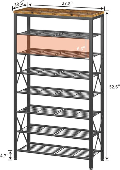 8-Tier Metal Shoe Rack for 32 Pairs, Heavy-Duty Shoe Organizer with Rustic Wooden Top, Space-Saving Entryway Shoe Storage for Closet, Garage, Hallway, Bedroom, Black & Rustic Brown