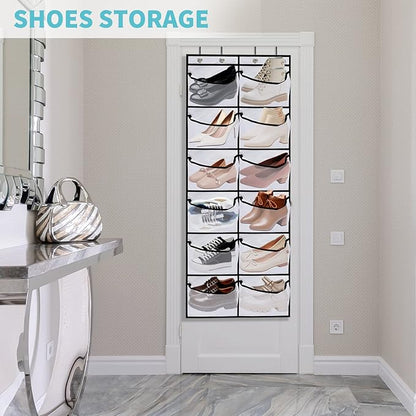 2 Packs Over the Door Shoe Organizer, 24 Extra Large Mesh Pockets Hanging Shoe Boots Rack Holder, Closet Hanging Organizers for Storage Sneakers High Heeled Shoes Slippers (White)