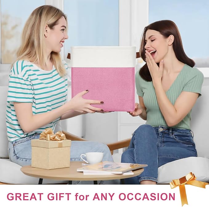 Bagnizer 13x13 Cube Storage Bins, Collapsible Fabric Storage Box, 4 Pack Closet Baskets with Handles for Organizing, Shelf, Toys, Clothes, Home, Office, Nursery (Pink&White)