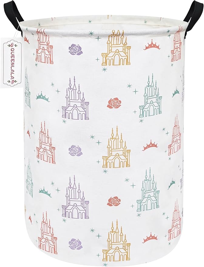 QUEENLALA Large Storage Basket,Laundry Hamper/Bathroom/Home Decor/Collapsible Round Storage Bin,Boys and Girls Hamper/Boxes/Clothing(Round-Rose Castle)
