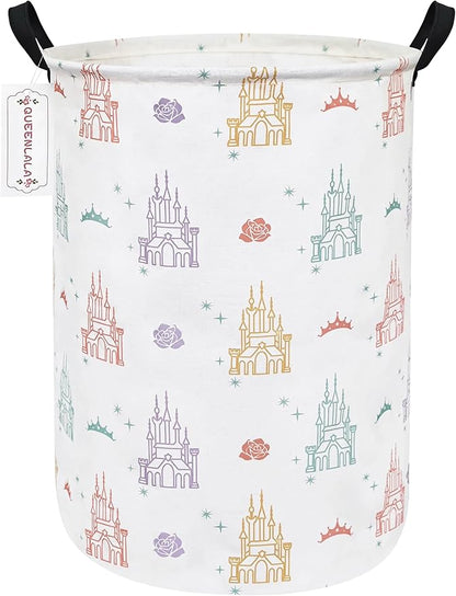 QUEENLALA Large Storage Basket,Laundry Hamper/Bathroom/Home Decor/Collapsible Round Storage Bin,Boys and Girls Hamper/Boxes/Clothing(Round-Rose Castle)