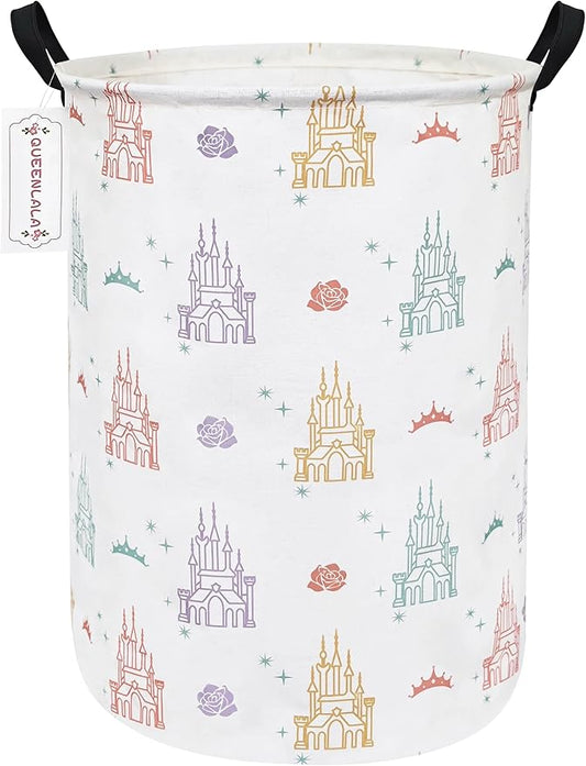 QUEENLALA Large Storage Basket,Laundry Hamper/Bathroom/Home Decor/Collapsible Round Storage Bin,Boys and Girls Hamper/Boxes/Clothing(Round-Rose Castle)