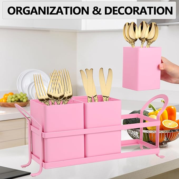 NelyBet Metal Silverware Caddy,3 Compartment Utensil Holder With Metal Rack,Utensil Caddy Flatware Cutlery Organizer for Countertop Party Picnic Camping Outdoor Pink