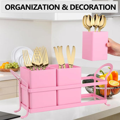 NelyBet Metal Silverware Caddy,3 Compartment Utensil Holder With Metal Rack,Utensil Caddy Flatware Cutlery Organizer for Countertop Party Picnic Camping Outdoor Pink