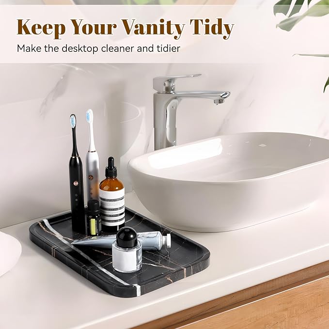 Koville Marble Tray, 12"x8" Natural Marble Vanity Tray for Countertop Bathroom Kitchen Dresser, Decorative Catchall Trays for Perfume Jewelry, Rectangular Stone Serving Tray(Black)