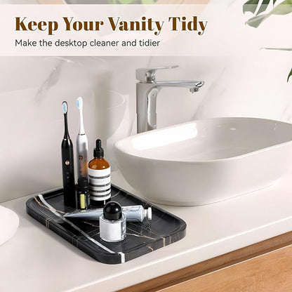 Koville Marble Tray, 12"x8" Natural Marble Vanity Tray for Countertop Bathroom Kitchen Dresser, Decorative Catchall Trays for Perfume Jewelry, Rectangular Stone Serving Tray(Black)