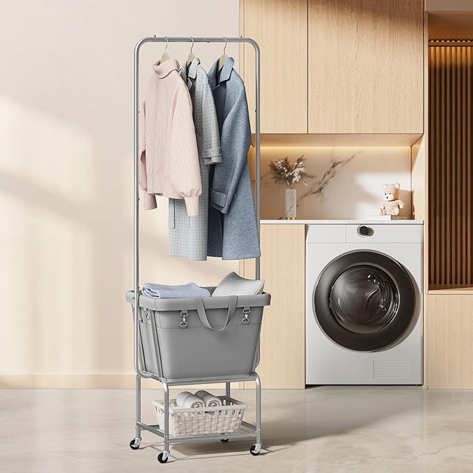 ELYKEN Laundry Cart with Hanging Rack, Rolling Laundry Hamper with Wheels, Laundry Basket with Removable Liner Bag and Shelf, Sturdy Metal Frame Dirty Clothes Basket for Hotel, Home, Closet, Dorm