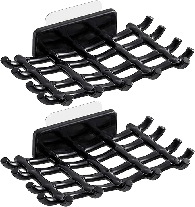 Shower Soap Holder for Wall, Adhesive Bar Soap Dish with Self Draining Grid, Side Hooks and No Drilling Mount, Black, 2 Pack