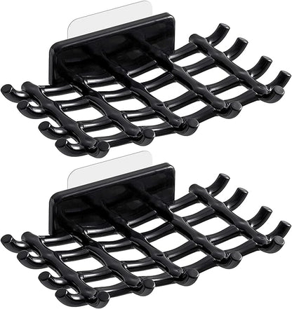 Shower Soap Holder for Wall, Adhesive Bar Soap Dish with Self Draining Grid, Side Hooks and No Drilling Mount, Black, 2 Pack