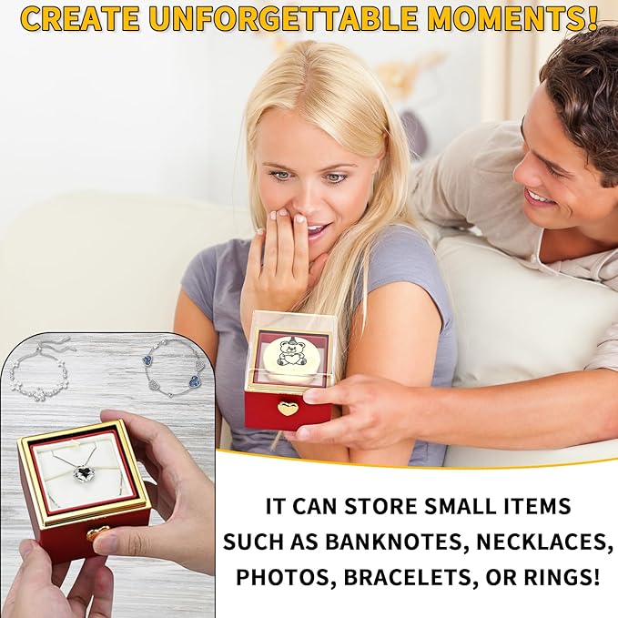 Rotating jewelry box, pop-up surprise gift box, romantic birthday surprise rotating necklace and ring box, Valentine's Day, birthday, anniversary, wedding gift (Red)
