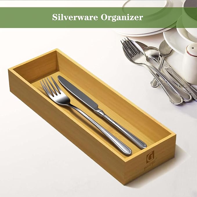 guiogc Bamboo Drawer Silverware Organizer, Utensil Organizer, Bamboo Storage Box Wood Silverware Tray for Drawer Set of 2