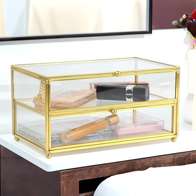 ZEXALOR 2-Tier Vintage Clear Desk Organizer with Drawer,Gold Decorative Storage Boxes,Jewelry Holder Display Tray Trinket Boxes Glass Memory Keepsake Box Dresser Vanity Wedding Decor Gifts(Gold)