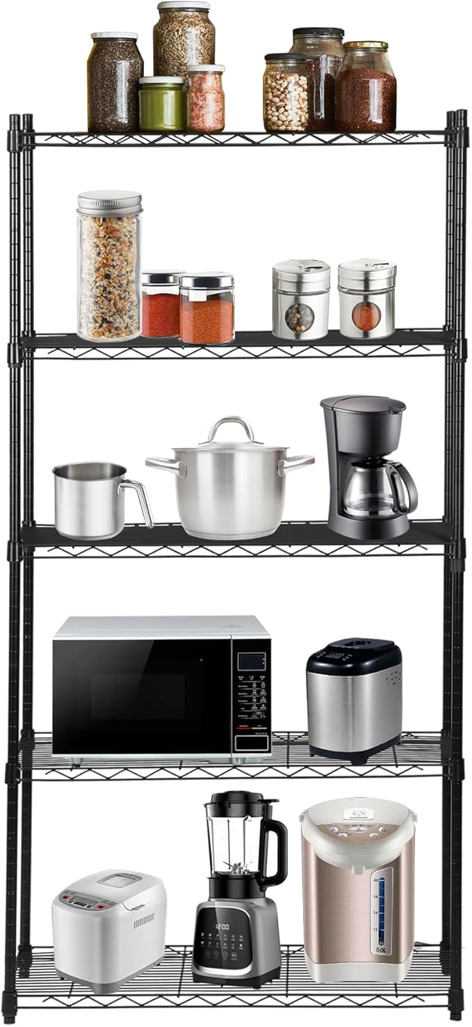 SUPER DEAL Black 5-Shelf Heavy Duty Storage Wire Shelving Unit for Restaurant Garage Pantry Kitchen Garage Rack (30L x 14W x 60H)