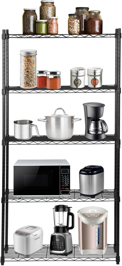 SUPER DEAL Black 5-Shelf Heavy Duty Storage Wire Shelving Unit for Restaurant Garage Pantry Kitchen Garage Rack (30L x 14W x 60H)
