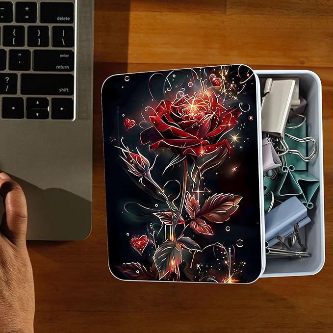 Metal Tin Box Sturdy Metal Storage Box with Lid, Large Container Holder for TCG Cards,Car Keys,Cookies,Tin Containers for Gift,5.0x3.7x1.6 Inch,Exquisite Pattern Design(Darkness Roses)