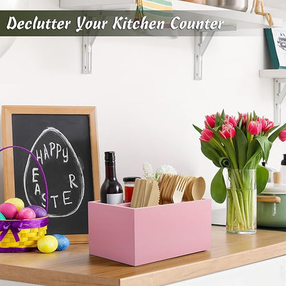 DRASTAR Utensil Holder, Wooden Silverware Caddy, Picnic Cutlery Organizer, Countertop Silverware Holder for Party, Pink