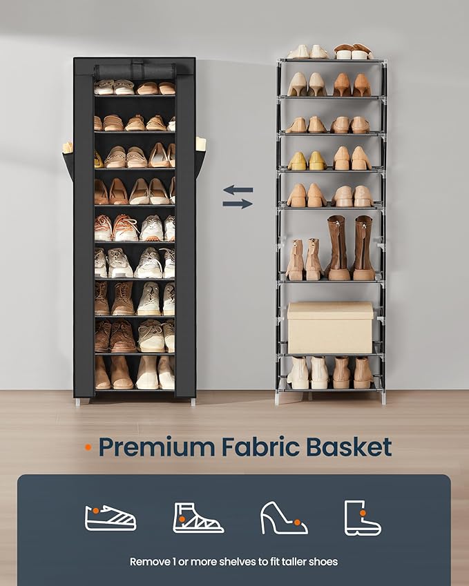 SONGMICS HOME Shoe Rack 10-Tier, Tall Narrow Metal Shoe Organizer with Dust Cover, 11.2 x 19.1 x 63.2 Inches, Vertical Storage Cabinet for Closet Entryway, Black