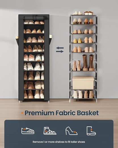 SONGMICS HOME Shoe Rack 10-Tier, Tall Narrow Metal Shoe Organizer with Dust Cover, 11.2 x 19.1 x 63.2 Inches, Vertical Storage Cabinet for Closet Entryway, Black