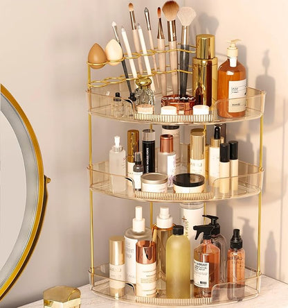 FELIZHOUSE 3-Tier Corner Bathroom Counter Organizer, Bathroom Countertop Shelf Makeup & Skincare Storage with Brush Holder for Vanity, Dresser, Kitchen - Amber