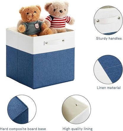 FinishingBo 13 x 13 Inch Fine Linen Storage Bins with Handles，Fabric Cube Boxs，Basket Organizers for Shelves for Home, Closet Drawers (White/Blue-6 Pack)
