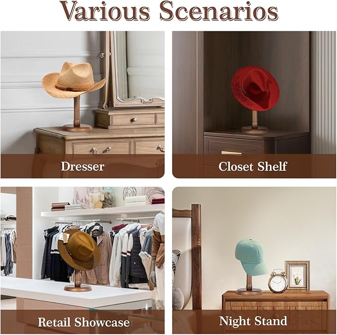 SEKSON Cowboy Hat Stand, Tabletop Hat Display Rack, Solid Wood Hat Holder Stand for Caps Wigs Helmets, Rustic Brown (3 Pack)
