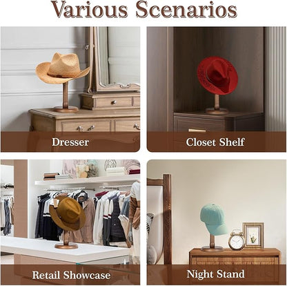 SEKSON Cowboy Hat Stand, Tabletop Hat Display Rack, Solid Wood Hat Holder Stand for Caps Wigs Helmets, Rustic Brown (2 Pack)