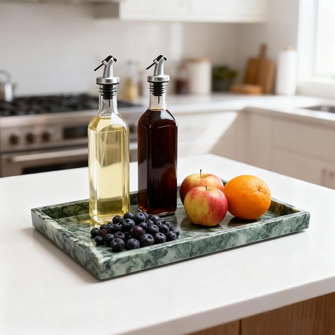 Pure Natural Marble Tray for Bathroom, Dresser, Sink. Cosmetics, toiletries, perfumes, Jewelry, Candles, etc. can be Placed (Lotus Green, 12" x 8" x 1.2")