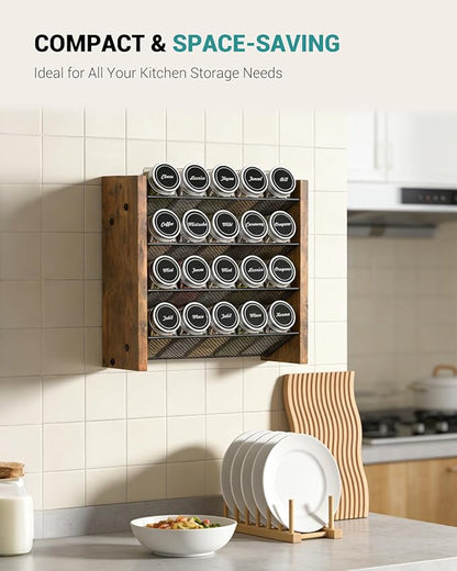NESAPTO Spice Rack Organizer with 20 Glass Spice Jars, Wood 4-Tier Seasoning Organizer with Labels for Cabinet, Pantry, Countertop or Wall Mount, Chalk Marker and Funnel Set, 10.3" W × 9.4" H