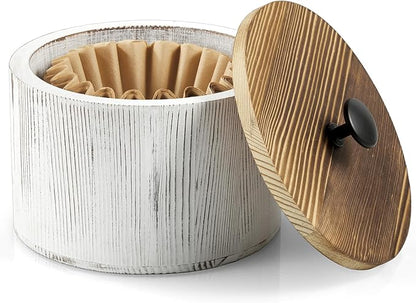 Coffee Filter Holder, Wood Filter Storage Container for Counter, Coffee Bar Accessories for Home Decor, Retro White