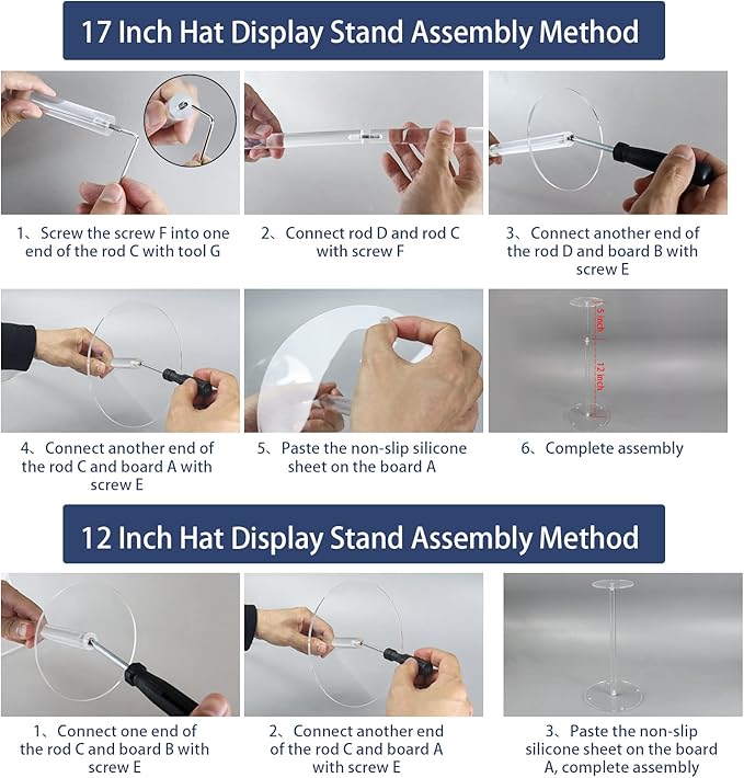 Acrylic Hat Stand and Wig Display Rack, 2pcs 17" Clear Hat Stands, Adjustable Height Hat Holder, Round Barbell Base