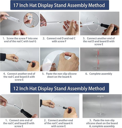 Acrylic Hat Stand and Wig Display Rack, 2pcs 17" Clear Hat Stands, Adjustable Height Hat Holder, Round Barbell Base