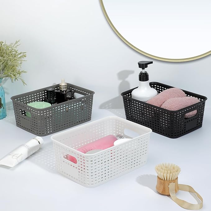 Plastic Storage Baskets 6 Pack Sturdy Storage Organizer Basket Woven Plastic Storage Bins for Shelves,Closet,Countertops, Desktops, Cabinets and Badrooms,Saving Storage, Stylish Design,Black