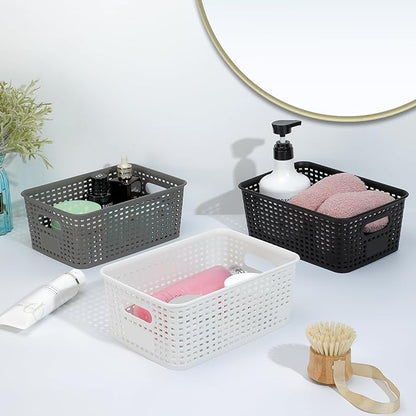 Plastic Storage Baskets 6 Pack Sturdy Storage Organizer Basket Woven Plastic Storage Bins for Shelves,Closet,Countertops, Desktops, Cabinets and Badrooms,Saving Storage, Stylish Design,Black