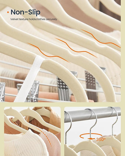 SONGMICS HOME Velvet Pants Hangers with Adjustable Clips, Non-Slip Space-Saving Clothes Hangers, 30 Pack, Shoulder Notches for Skirts, Beige