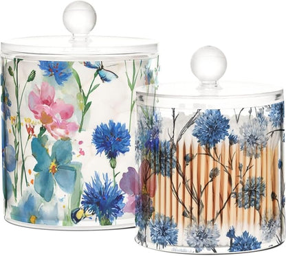 2 Pack Qtip Dispenser Apothecary Jars with Lids Cotton Round Holder Bathroom Canisters for Cotton Swab Floss Ball Pads Clear Plastic Decorative Watercolor Cornflower Daisy