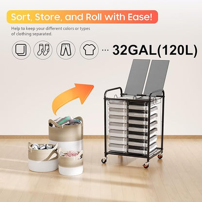 120L (31.7 Gal) Laundry Sorter 2 Section, Rolling Laundry Basket with Lockable Wheels and Lid, Laundry Hamper with 2 Separated Removable Bags Dirty Clothes Hamper for Laundry Room Organizer, Grey