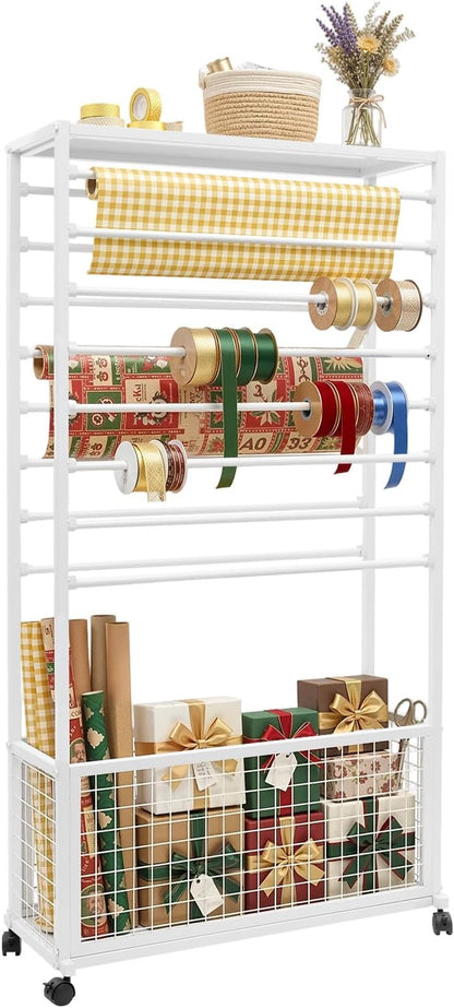 16-Tier Double-Sided Ribbon Holder Organizer Rack with Storage Basket & Wheels, Multifunctional Flower Wrapping Paper Display Stand for Craft Rooms, Flower Shops (White, 31.5''W x 12.6''D x 59.06''H)