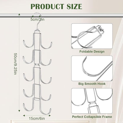 Hat Organizer for Closet, Rotatable Metal Caps Rack with 10 Large Hooks for Display, Holds Up to 40 Baseball Caps, Collapsible Hat Hanger for Closet, Dorm Room Organizers and Storage, White