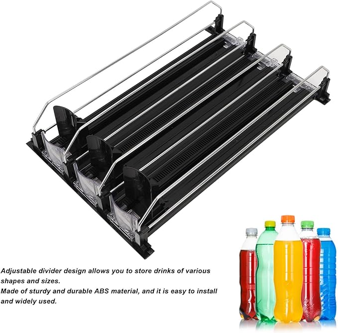 Fridge Can Pusher, Adjustable Drink Dispenser for Soda, Water Bottle Storage Organize with Glide, Holds Various Beverages for Vending Machine, Refrigerator, Supermarket (Black)