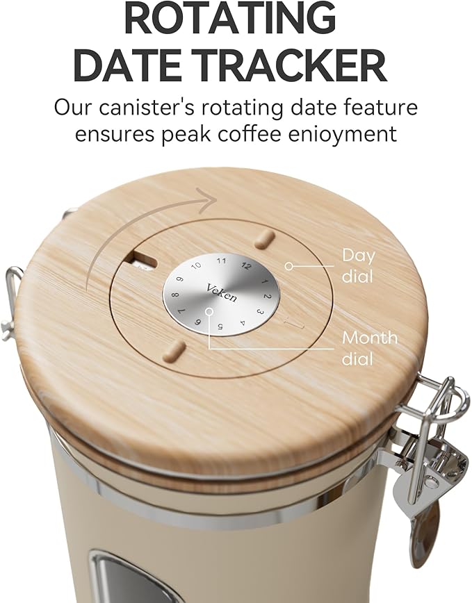 Veken Coffee Sugar Canister with Window, Gifts For Women,Airtight Stainless Steel Home Kitchen Food Storage Container Gift, Date Tracker & Scoop for Coffee Grounds, Beans,Tea,Flour,Cereal, 22OZ, Cream