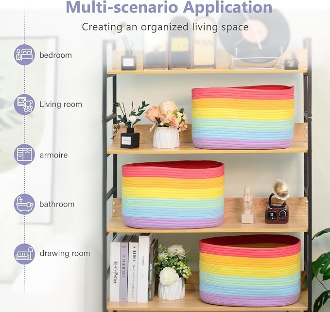 ECDYQXVU Cotton Rope Storage Basket, 15x10x9 Inches, Woven Basket for Shelves, Clothes, Towels, Books, and Laundry, Rainbow (3 Pack)