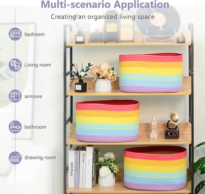 ECDYQXVU Cotton Rope Storage Basket, 15x10x9 Inches, Woven Basket for Shelves, Clothes, Towels, Books, and Laundry, Rainbow (1 Pack)