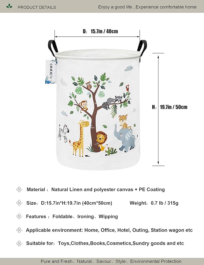 Round Animal Laundry Basket,Collapsible Laundry Hamper for Nursery,Cute Jungle Animal Toy Storage Bin for Kids,Waterproof Storage Basket for Home,Bedroom,Playroom,New Parent Gift (Tree Animals)