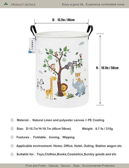 Round Animal Laundry Basket,Collapsible Laundry Hamper for Nursery,Cute Jungle Animal Toy Storage Bin for Kids,Waterproof Storage Basket for Home,Bedroom,Playroom,New Parent Gift (Tree Animals)