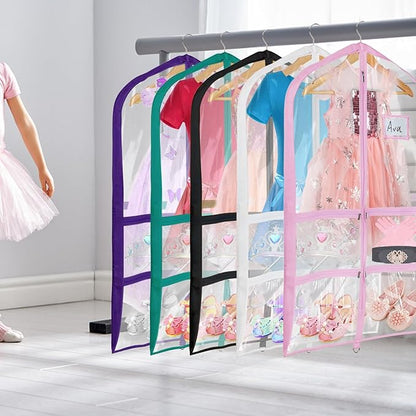 Univivi Clear PVC Dance Costume Garment Bag 40 Inch Hanging Garment Bag for Dance for Kids, with 4 Medium Clear Zipper Pockets and 1 Large Back Zippered Pocket (5 Pack)