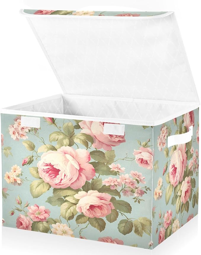 senya Flower Baskets Collapsible Storage Bins with Lids, Vintage Pink Rose Flower Storage Boxes Clothes Baskets for Organizing, B06D22020