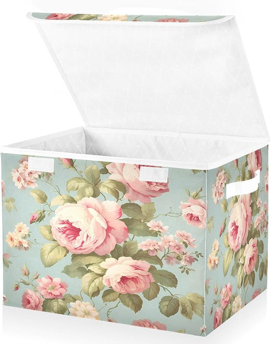 senya Flower Baskets Collapsible Storage Bins with Lids, Vintage Pink Rose Flower Storage Boxes Clothes Baskets for Organizing, B06D22020