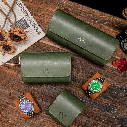 Personalized Leather Watch Roll for Men, Custom Travel Watch Box Cases Holder for 3 Watches, Wedding Groomsmen, Valentines for Boy Friend, Father's Day for Dad, Handcrafted Gift for Grandpa