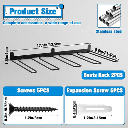 2 Pcs Wall Mounted Boot Rack, Black Metal Wader Hangers Shoe Rack 2 Pair Sturdy Wall Mounted Tall Boots Organizer with Screws and Expansion Tubes for Entryway, Garage, Home, Closet
